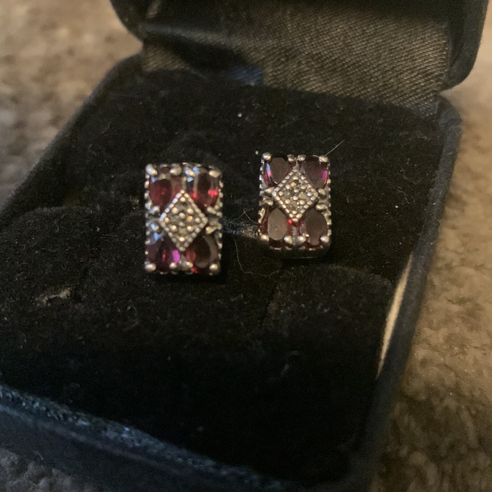 Garnet & Marcasite SET Bracelet/earrings/Brooch in silver - Picture 6 of 15